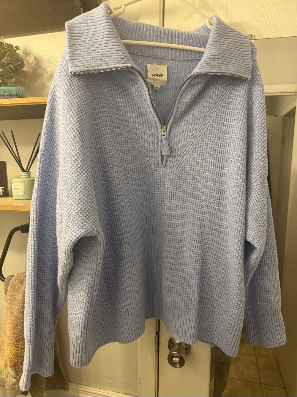 aerie Light Blue Half-Zip Waffle Knit Turtleneck Sweater